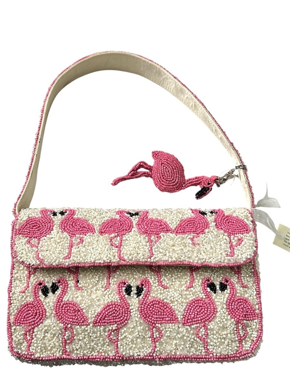 Viral America & Beyond Hand Beaded Flamingo Shoulder Bag w/ Flamingo Keychain - Picture 3 of 6